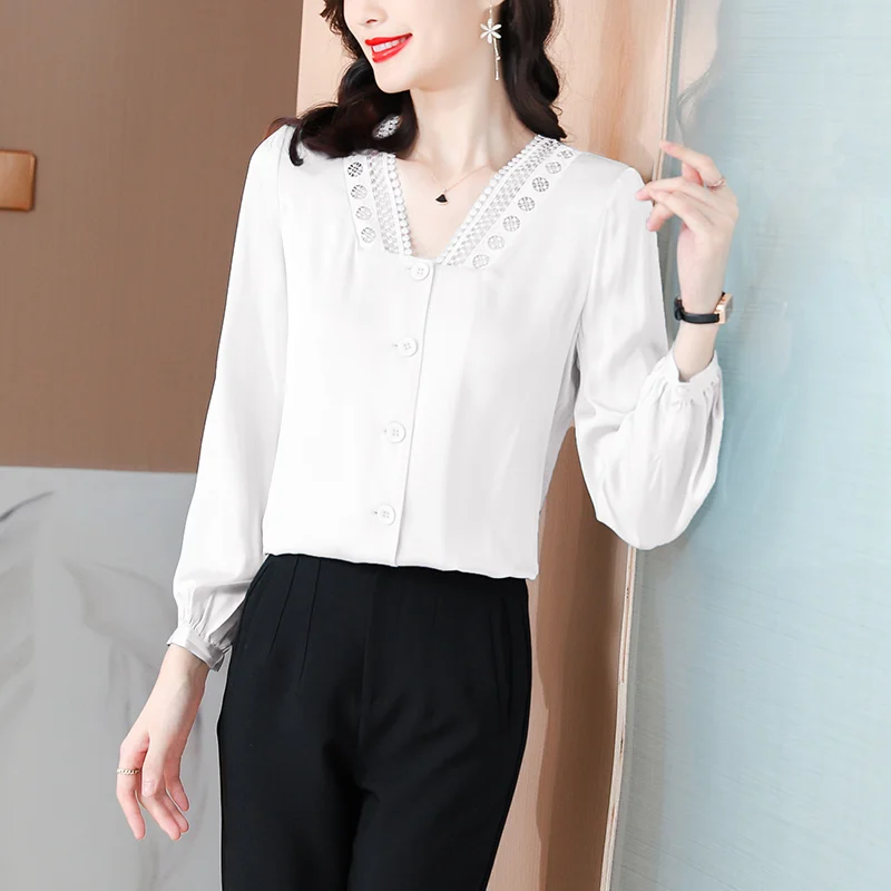 

Chiffon Women's Blouse Lace Girl's Shirt Summer Loose Solid Long Sleeve Top V-neck Fashion Casual Office Lady Blusas Houthion