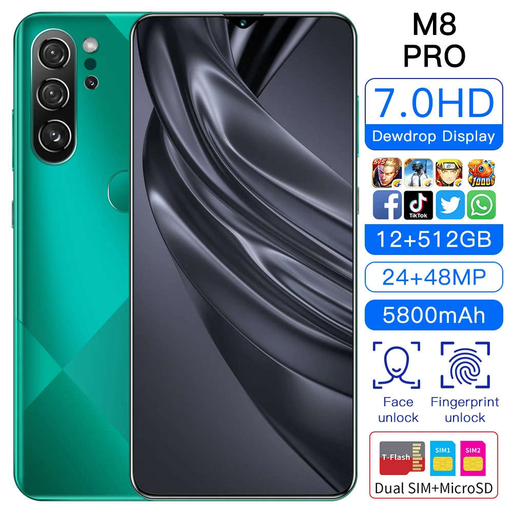 

M8 Pro Universal 5G Smartphones Android 10.0 12GB+512GB MTK-6899 10-Core Mobile Phones 7.0 inch HD+ 24+48MP Camera Cellphones