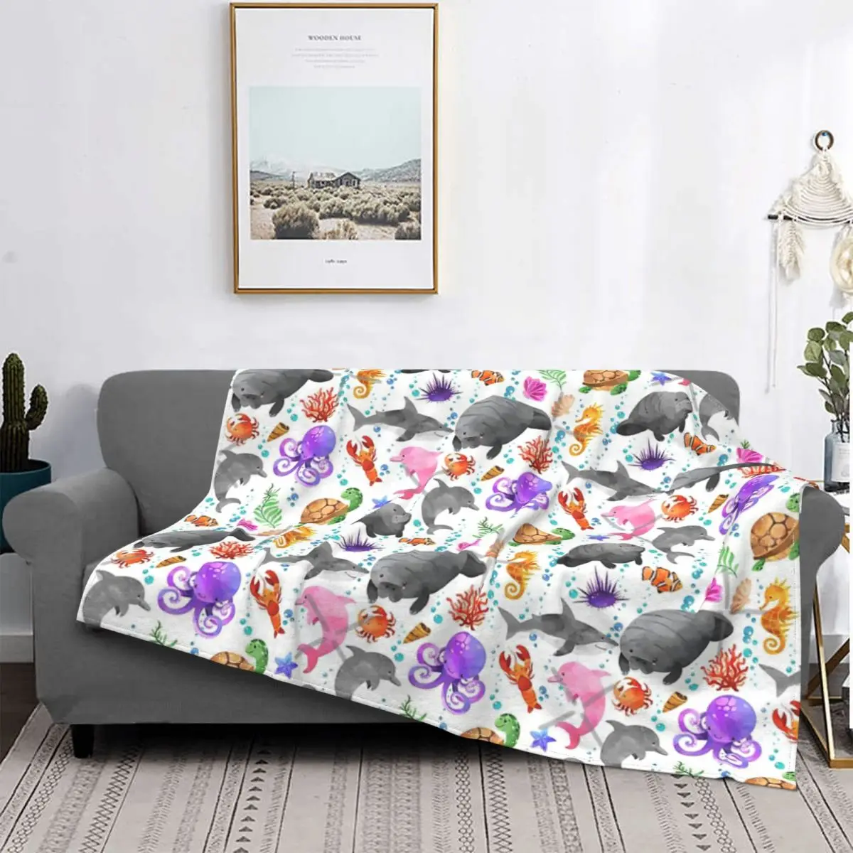 

Manta de animales marinos, colcha de cama a cuadros, manta de lana a cuadros de Anime, alfombra de oración Islámica