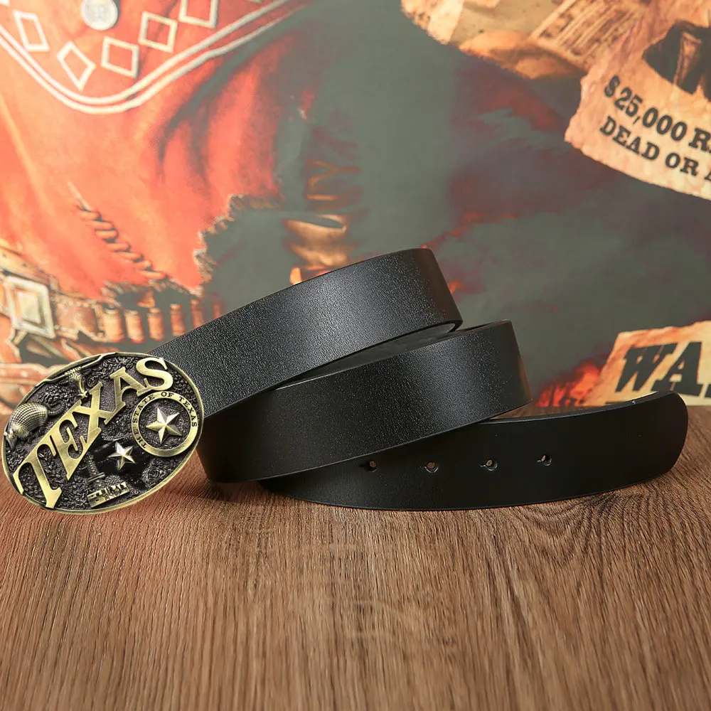 

Vintage pattern Texas cow head craft leather waist men's classic smooth belt for 3.8cm
