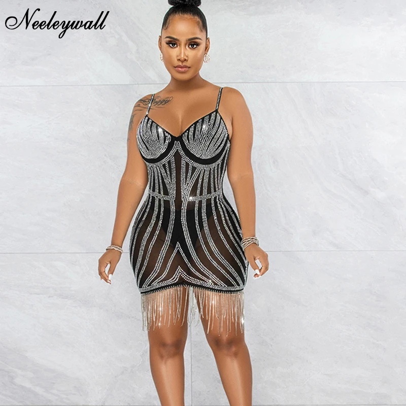 Neeleywall Новое модное Сетчатое Радужное вечернее платье с бахромой Стразы короткое