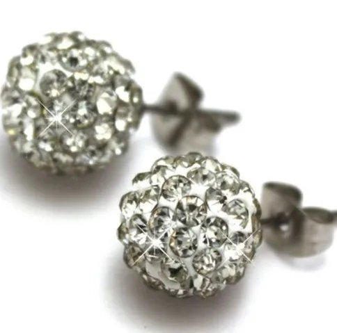 

fg345ice 8mm Best white Crystal Micro Pave Disco Ball Silver Plated crystal Earrings Stud wholesale crystal