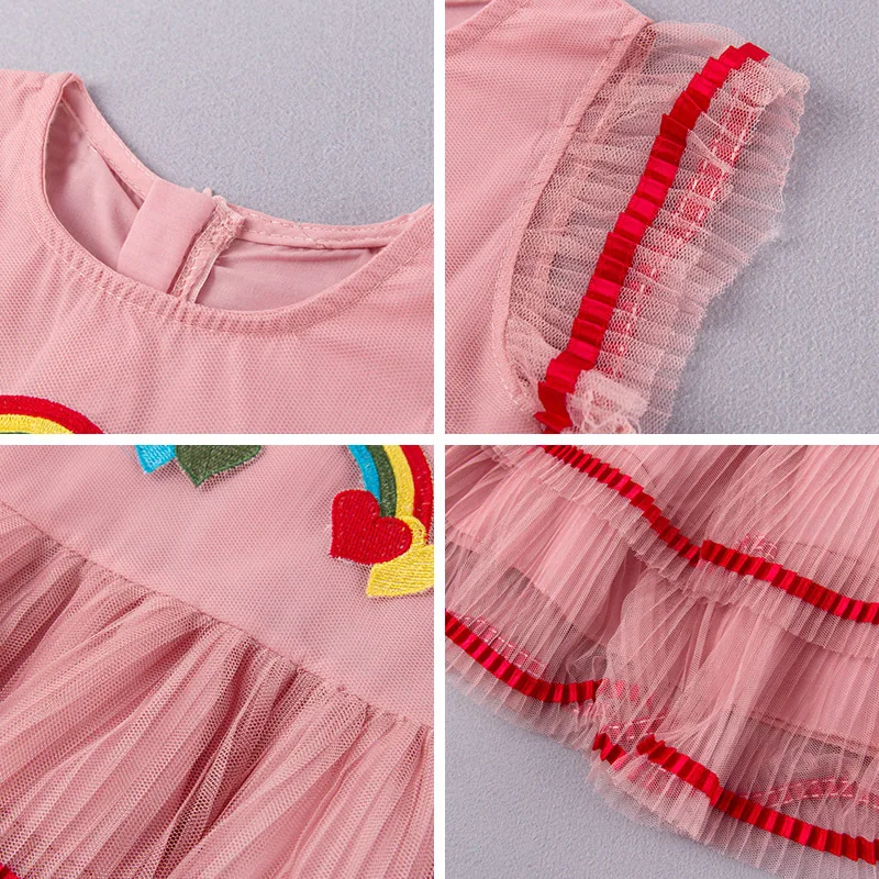 Pink Princess Girl Dress Rainbow Lace Flying Sleeve Kids Party Children Clothing 2020 New Teen Girls Clothes Dresses | Детская одежда и