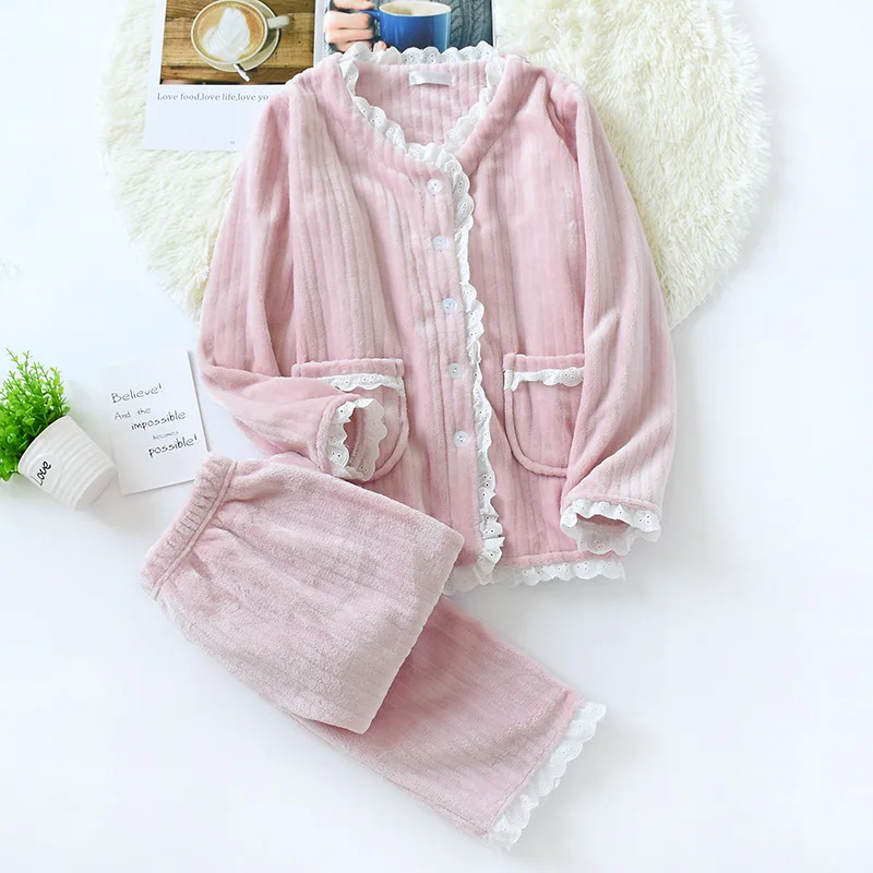 

New autumn and winter Japanese kawaii pajamas suit flannel ladies plus size lace princess style home service thickened warmth