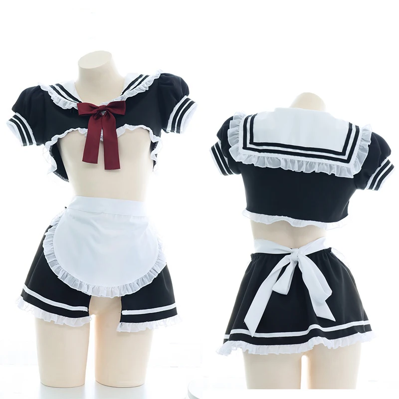 

Super Sexy Lolita Maid Apron Underwear Set Pajamas Cosplay Japanese Style Girl Black White Sailor Suit Kawaii Short Nightdress