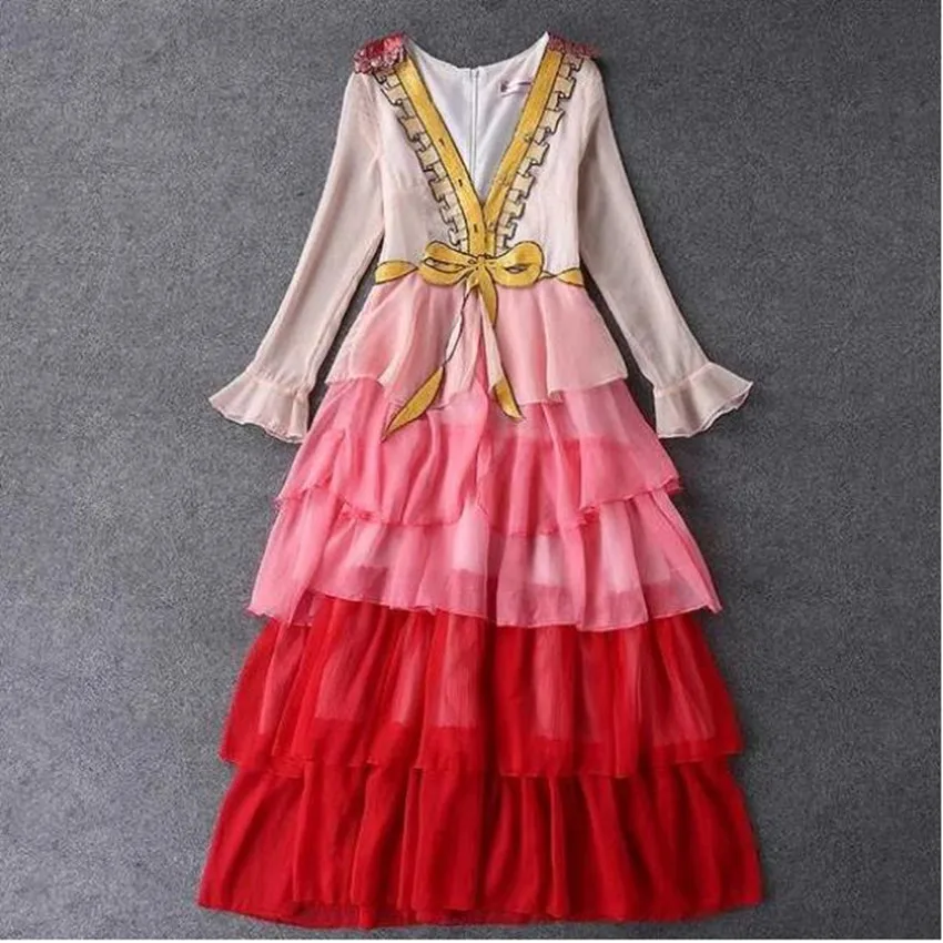 Женское шелковое платье с бантом вышивкой и блестками v образным вырезом длинным