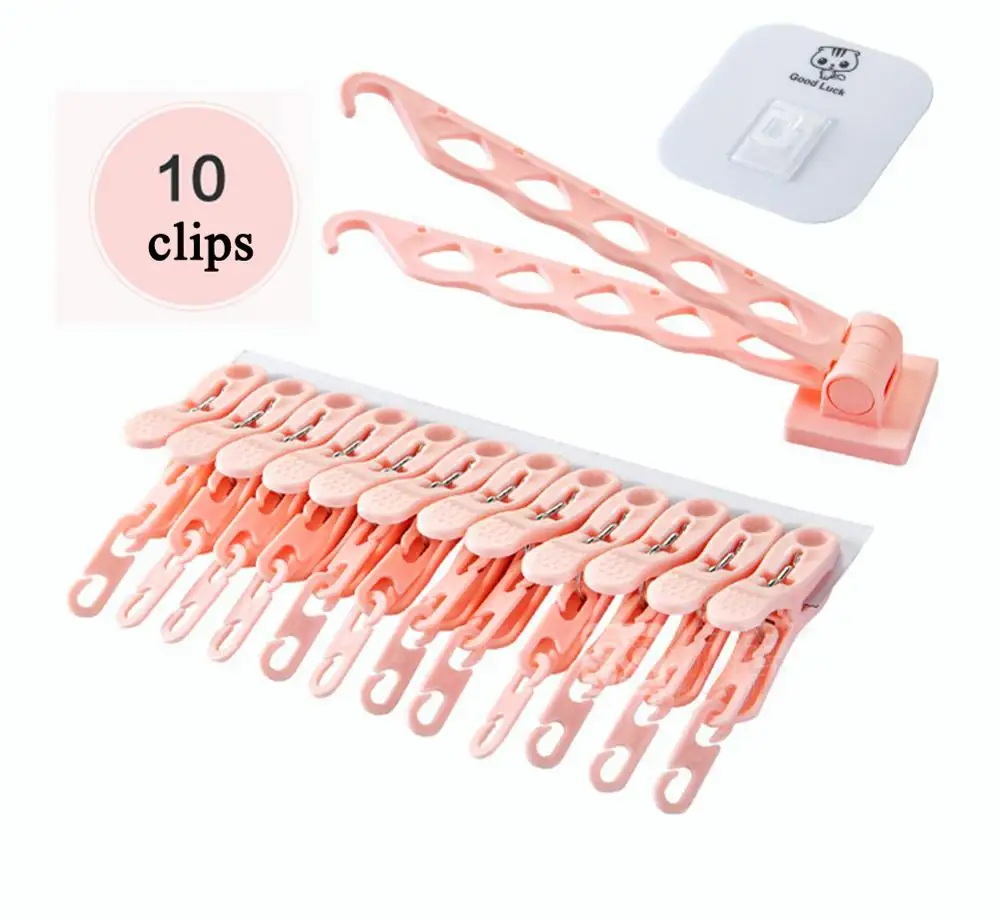 

Multi-functional Self-adhesive Clothes Hanger Plastic 10 Clips Clothes Rack Bra Socks Sundry Folding Wall-Mounted Clothes Hanger