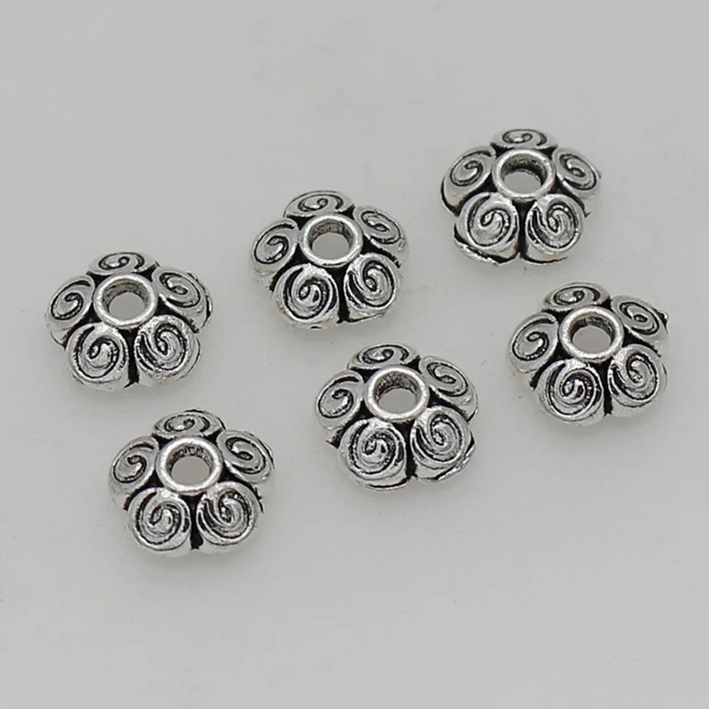 

50 шт./лот винтажные антикварные серебряные шапочки для бусин в форме цветка 8 мм, украшения ручной работы, Концевики для сережек и бусин, фурн...