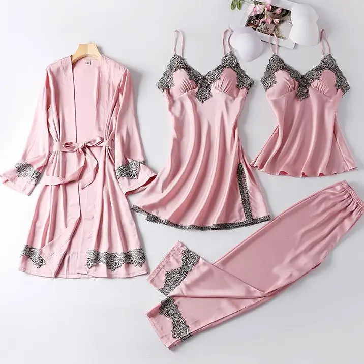 

4PCS Satin Sleepwear Lady Pajamas Suit Nighty&Robe Set Sexy Intimate Lingerie Casual Bridal Wedding Gift Homewear Nightgown