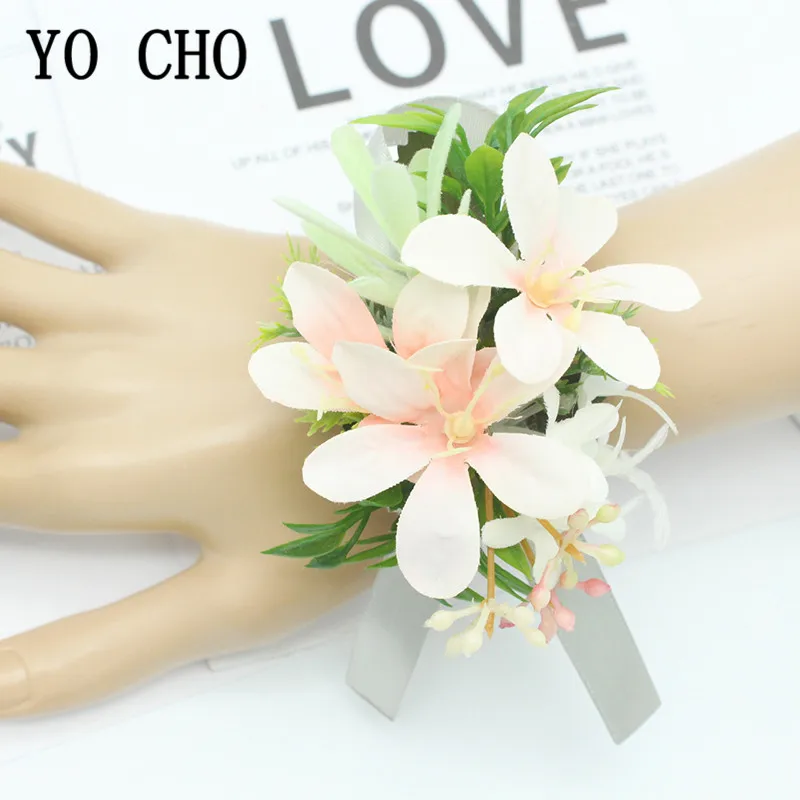 Розовая бутоньерка YO CHO свадебная корсажная шелковые цветы браслет на запястье