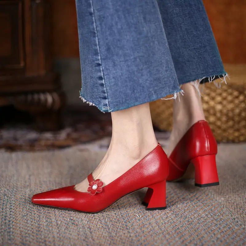 

Salu Retro Women's Shoes Genuine Leather High Heels Pumps Concise Flower Decoration Night Club Office Lady Shoes Woman Heels