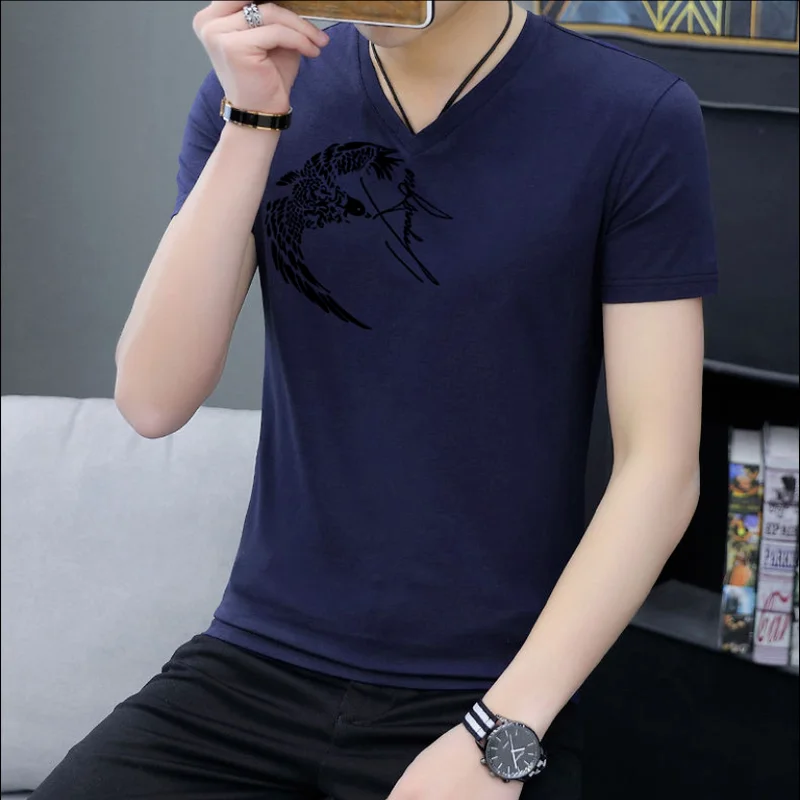 

Футболка мужская с коротким рукавом, приталенный Повседневный Топ с V-образным вырезом, трендовая Удлиненная рубашка в Корейском стиле, на л...