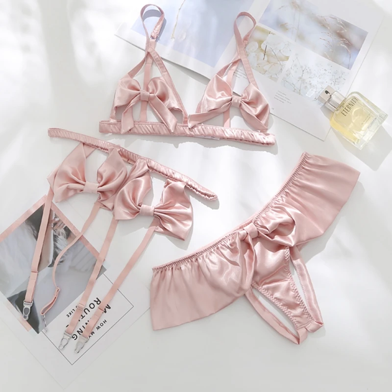 

Three Pieces Set Sexy Underwear Open Bra Lingerie Bow Knot Bra Crotchless Panties Garter Beltes Satin Set Women Intimates