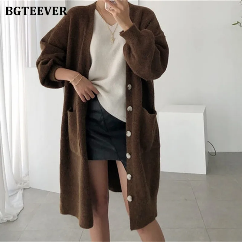 

BGTEEVER V-neck Soft Warm Women Open Stitch Sweaters 2020 Winter Thick Loose Single-breasted Pockets Knitted Cardigans Femme