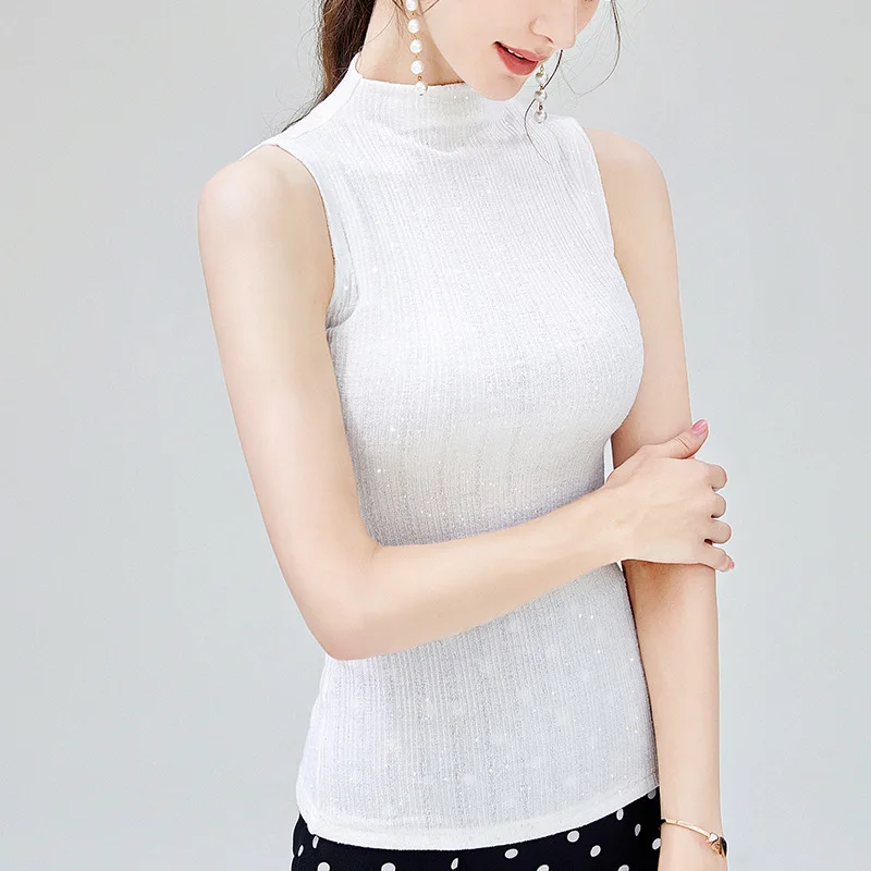 

Spring and Autumn New Women's elastic tight top with simple inside and half high collar sleeveless vest for women