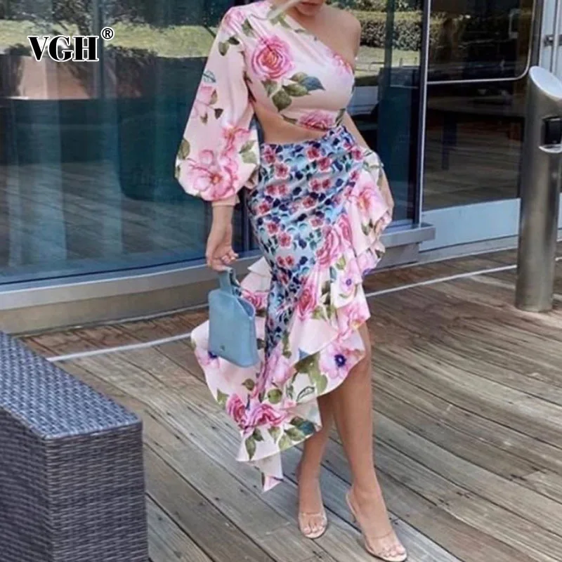 

Женский комплект из двух предметов с принтом VGH, короткий топ с косым воротником и длинным рукавом, облегающая асимметричная юбка миди с выс...