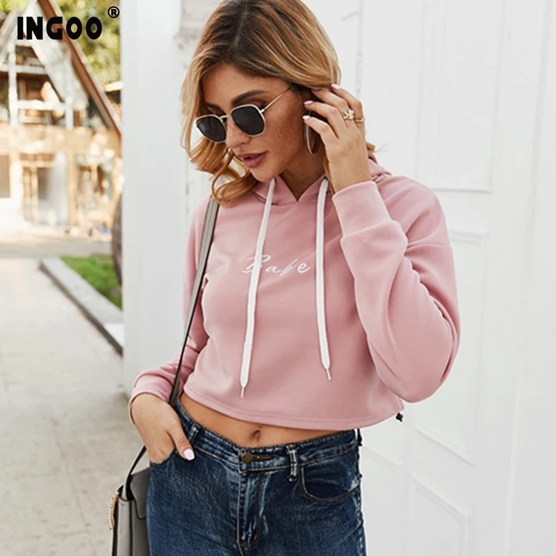 INGOO Simplicity женские укороченные толстовки с вышивкой повседневный сексуальный