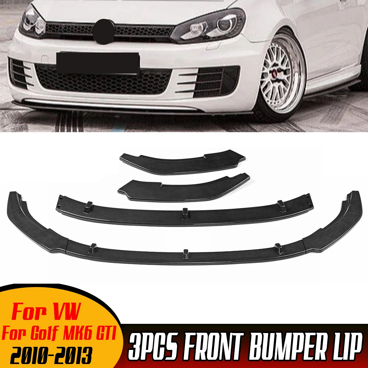 

New 3PCS Car Front Bumper Lip Body Kit Spoiler Deflector Lips Diffuser Guard Protector Cover For VW For Golf MK6 GTI 2010-2013