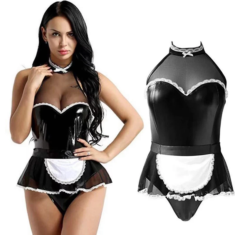 

2Pcs Sexy Maid Leotard Women Wet Look Patent Leather Cosplay Nightclub Costume Halter Jumpsuit with Apron Maidservant Outfit