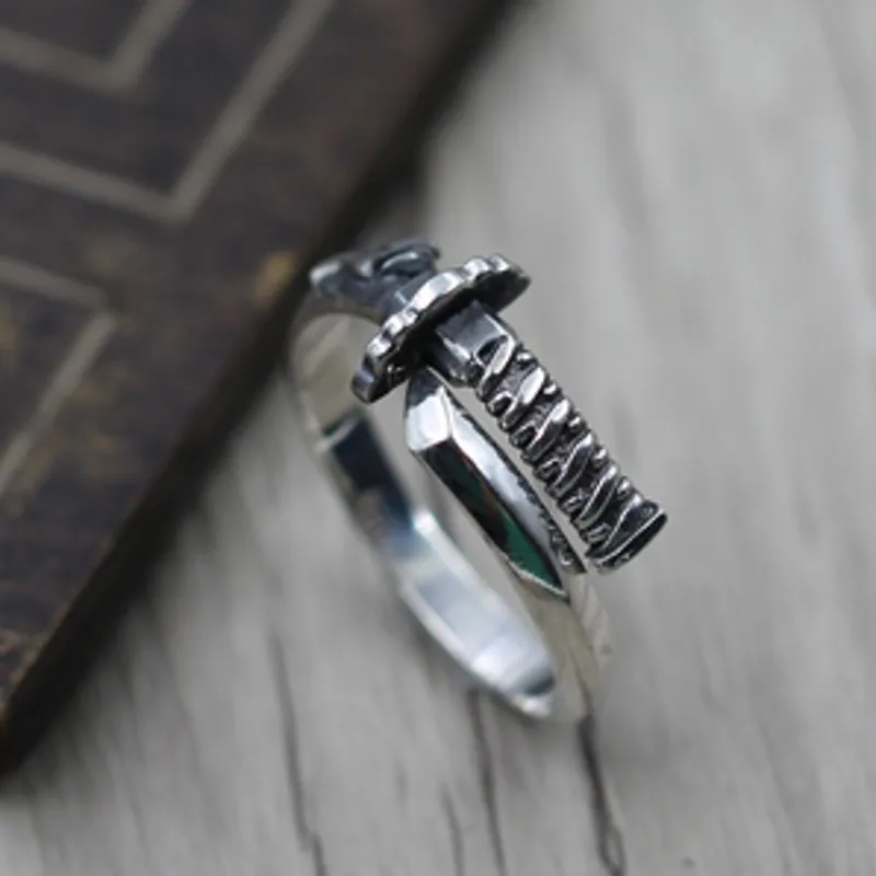 Тайский серебряный винтажный удар меч байонетное кольцо Открытое с самурайским