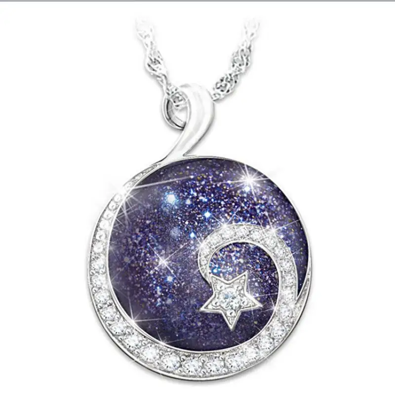 

NewTrendy Round Moon Star Pattern Pendant Necklace Women's Necklace Fashion Austrian Rhinestone Inlaid Pendant Accessory Jewelry