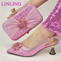 italian design lastest special narrow band and flower style mid heels african party women shoes and bag set in pink color