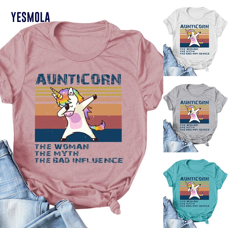 

YESMOLA Women‘s Shirts Aunticorn Print T-shirt Color Unicorn Graphic Short Sleeve Tee Round Neck Plus Size Tops Kawaii 90s