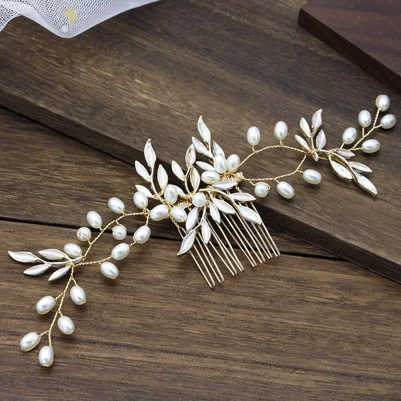 Элегантная повязка на голову с жемчугом для невесты гребень волос в виде листьев