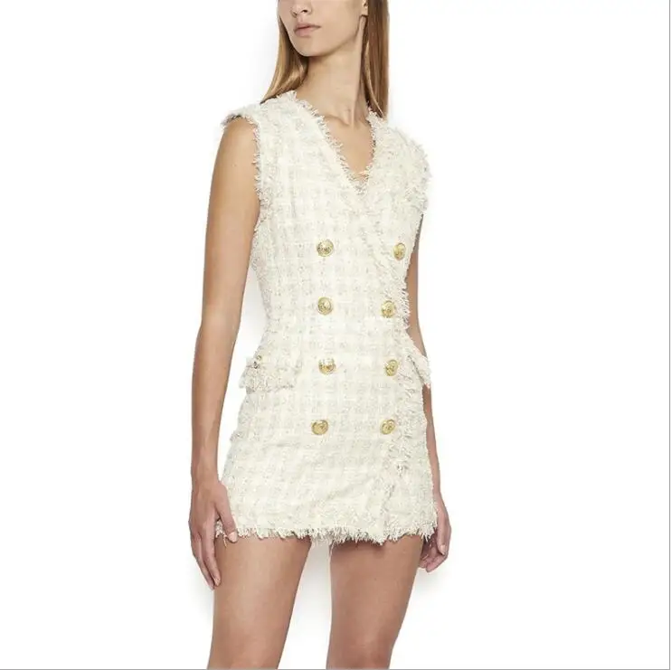 

New Autumn Style Ladies Sleeveless Double Button Sexy Mini Dress Office Lady Elegant Girl's Party Dress High Quality