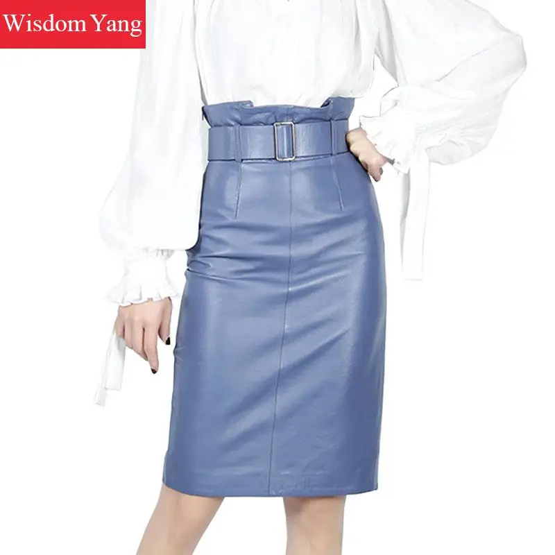 Женская юбка-карандаш средней длины из натуральной кожи с высокой талией и
