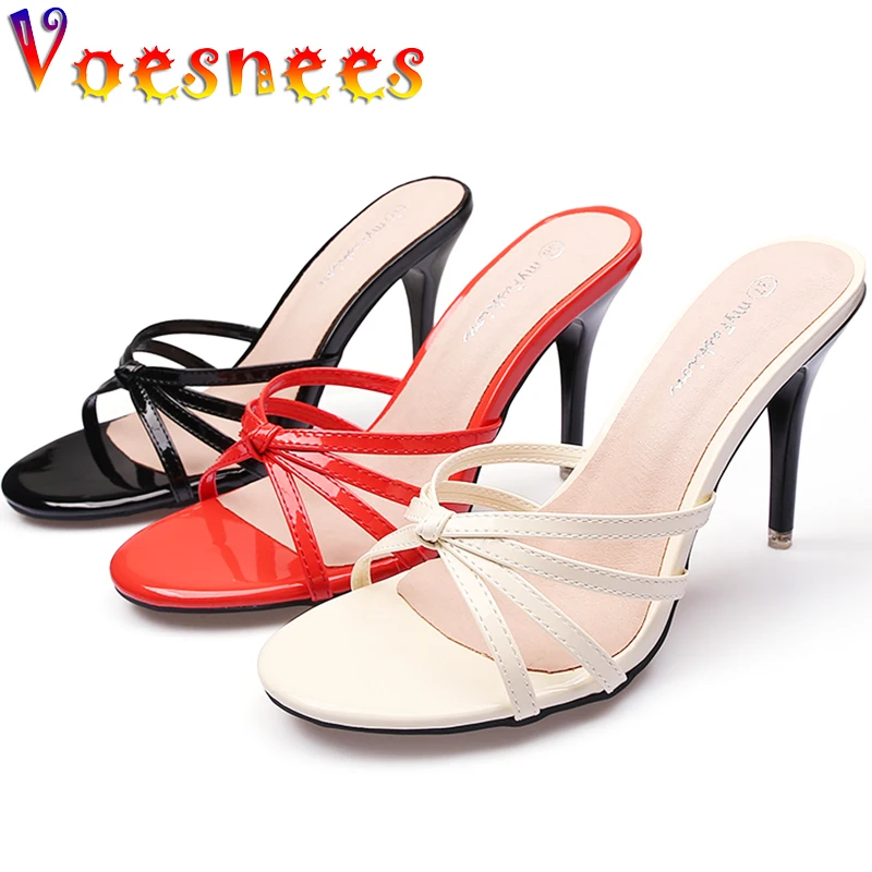 

Women's Slippers Nude Slip-On Summer Sandals 2022 New Shallow Mouth Narrow Band 9cm Thin High Heels Sexy Female Beach Shoes