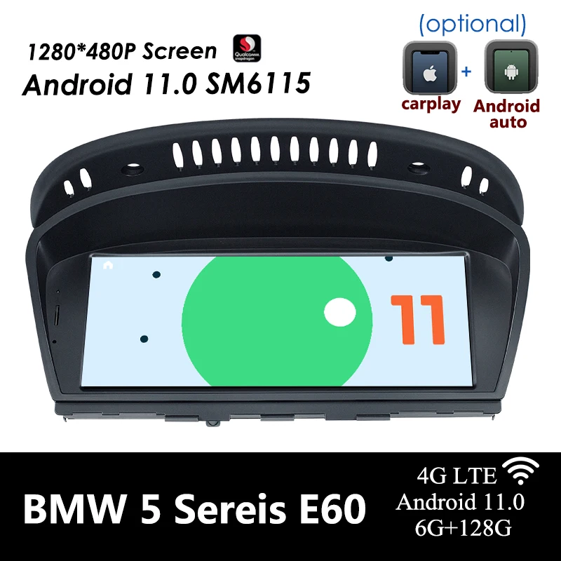 

8,8 "Android 11,0 Snapdragon 625 6G 128G Автомагнитола для BMW серии 5/3 E60/E61/E63/E64/E90/E91/E92 Mirrorlink BT5.0 1280*480P