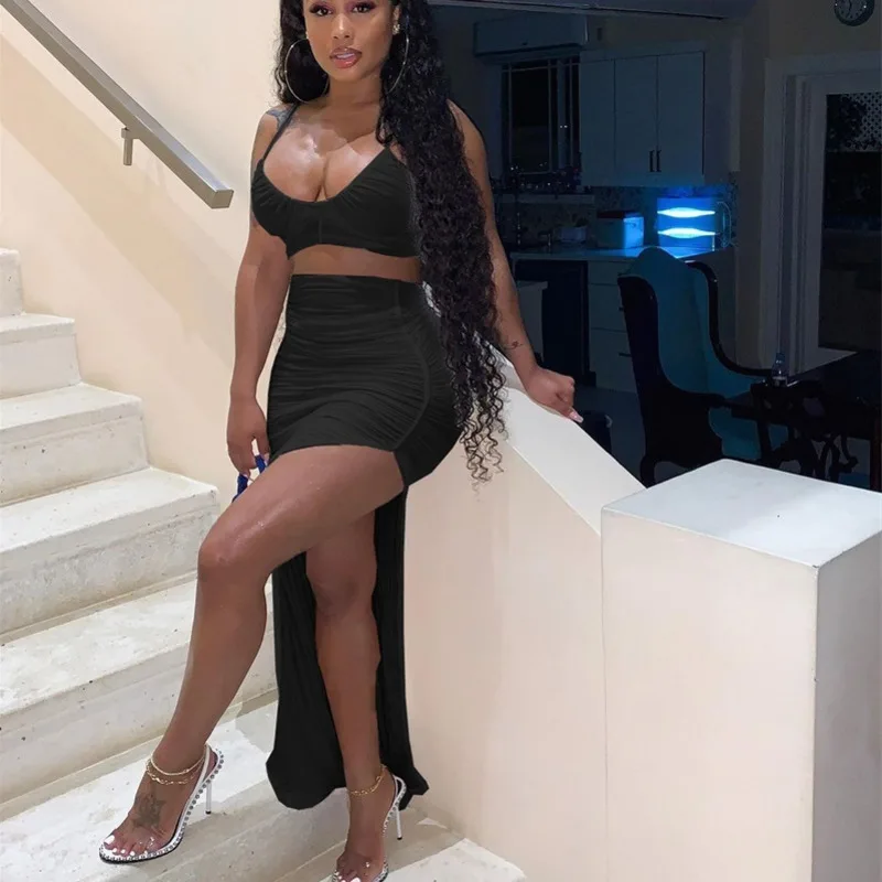 

High Slit Sleeveless Women Two Piece Dress Sets Sexy Deep V Neck Top And Irregular Split Skirt Set Slim Party Wear Suits