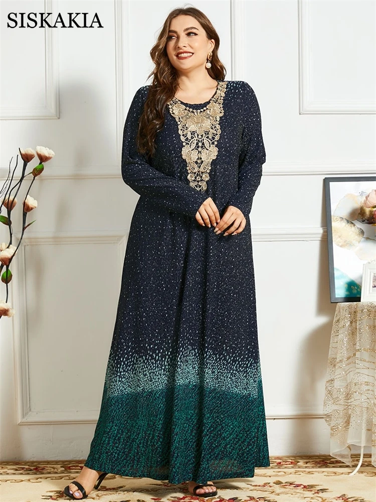 

Siskakia Long Sleeve Spot Maxi Dress for Women 2021 Vintage Ethnic Embroidered Modest Muslim Arabic Oman Turkey Robe Comfortable