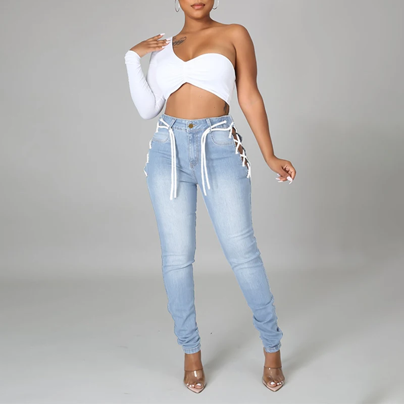 

Women High Waist Jeans Woman Sexy Hollow Out Elastic Skinny Pencil Pants Female Plus Size Zipper Wash Denim Trousers