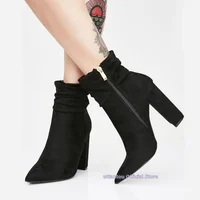 Luxury black beige suede leather top quality pointed toe short boots women block chunky Heeled Autumn Ankle Boots
