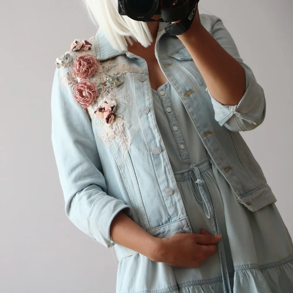 

2020 Autumn Women Embroidery Three Dimensional Flowers Pearl Bead Short Denim Coat Woman Long Sleeve Jean Jacket xintiandi