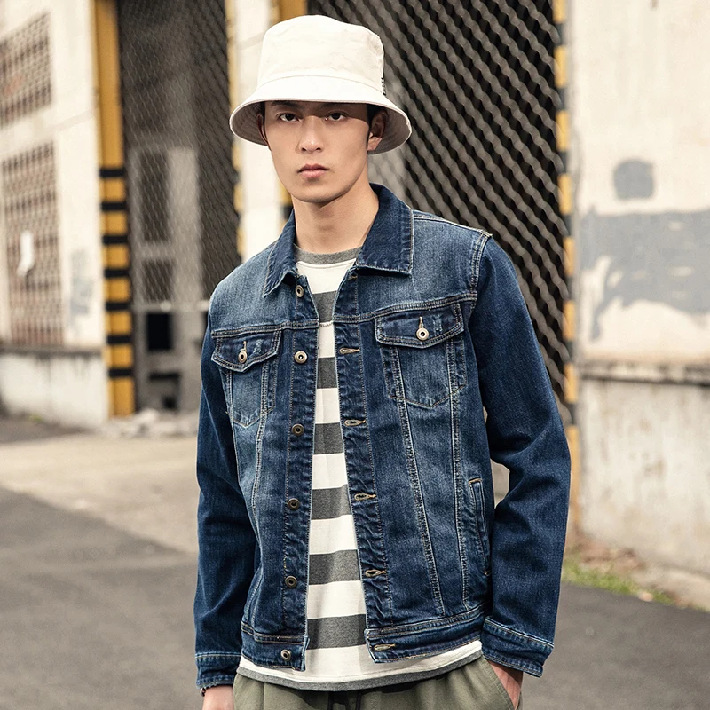 Джинсовая мужская куртка со стоячим воротником Повседневная модная однотонная