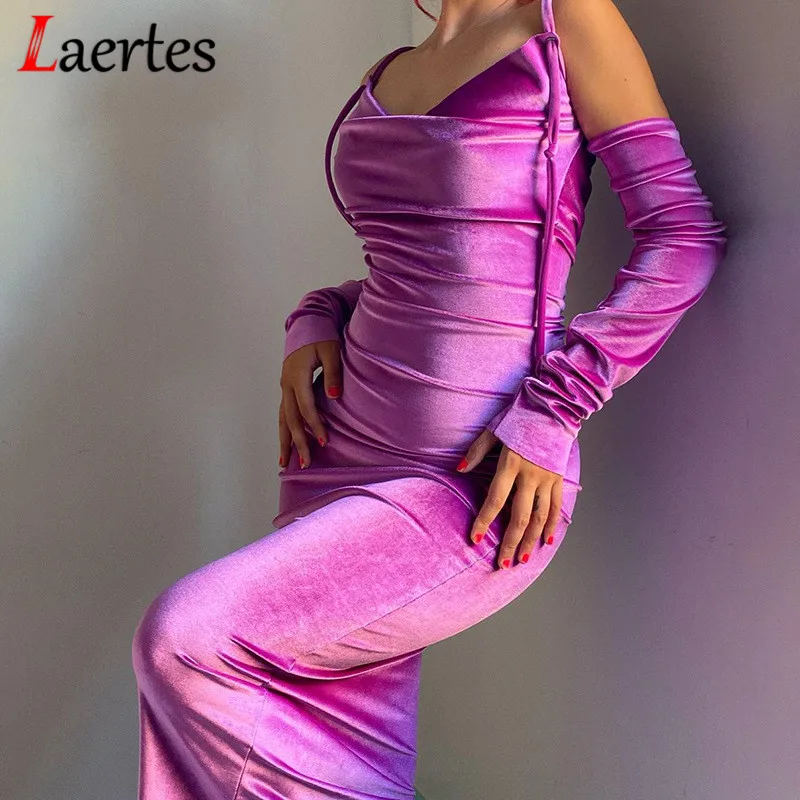 

Laertes 2021 Autumn Midi Dress for Women Fashion Velvet Draped Club Outfits Elegant Party Long Sleeve Ruched Bodycon Dresses
