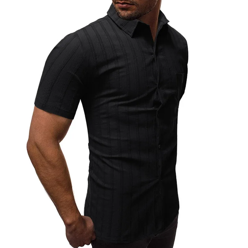 Новая летняя Черная мужская полосатая рубашка с коротким рукавом и отложным