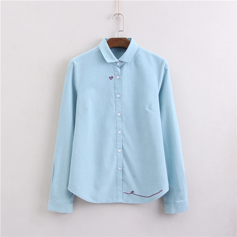 

Модная женская блузка 2020, рубашка из ткани Оксфорд с длинным рукавом для женщин, блузки, рубашки с вышивкой в виде сердца