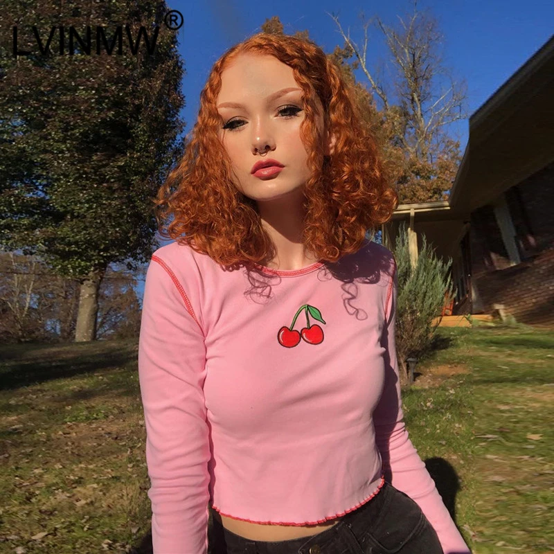 LVINMW сексуальный короткий топ с принтом вишни круглым вырезом и рюшами в стиле