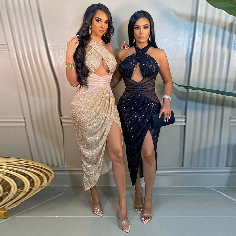 

SKMY Clothes For Women 2021 Autumn New Sexy Party Sequin Irregular Elegant Evening Dress Female Halter Neck Backless Dress