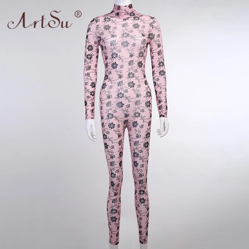 

ArtSu 2020 Long Sleeve Floral Print Sexy Mesh Jumpsuit Autumn Winter Women Fashion Streetwear Outfits Club Party Romper Body