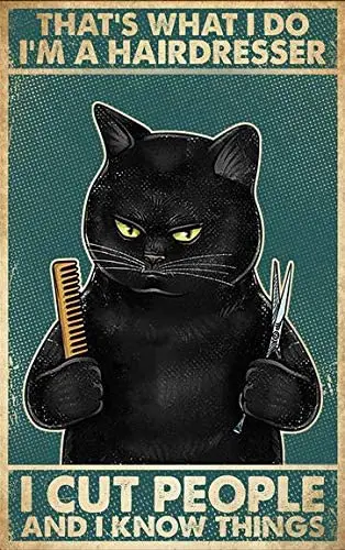 Винтажный настенный плакат LINQWkk, металлический плакат с черной кошкой, это то, что я делаю, я парикмахер, я режу людей и знаю вещи, Парикмахерская