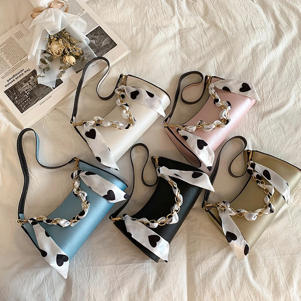 

Fashion Women Shoulder Underarm Bag Silk Scarf Soild Color Chain Ladies Casual PU Leather Small Purse Handbags