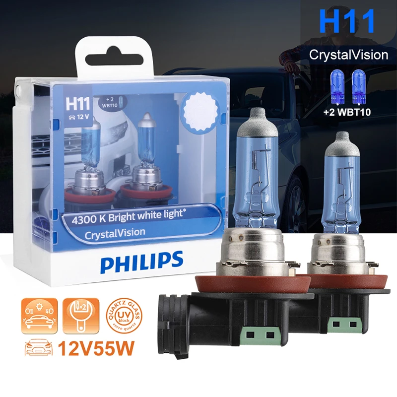 Philips h11 галогенный 55 Вт 12 В Кристальное видение 4300K яркий белый светильник