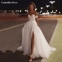 sexy side slit wedding dress sequined lace appliques bridal gown a line backless sweetheart bride dresses vestidos de novia
