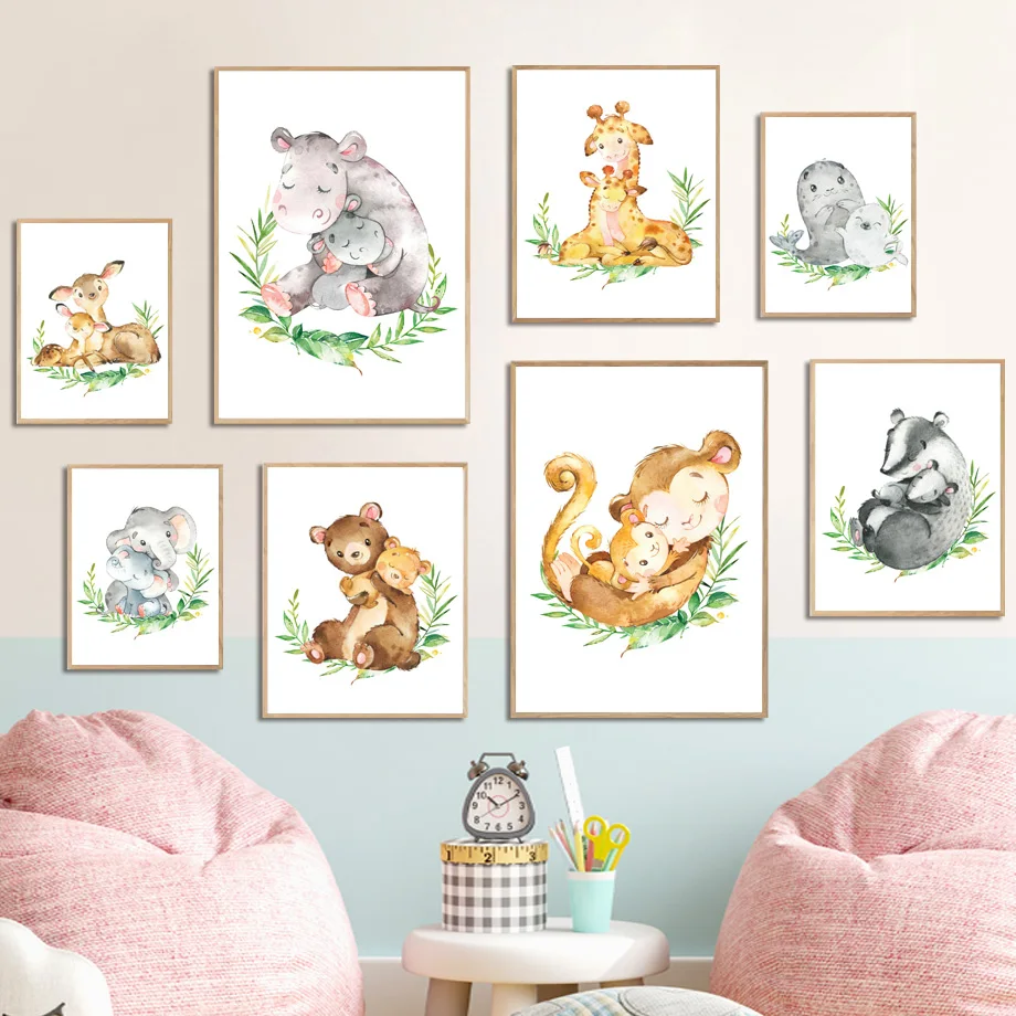 Hippo Giraffe Bear Elephant Deer Monkey Wall Art Canvas Painting Nordic Posters And Prints Wall Pictures Kids Room Kawaii Decor