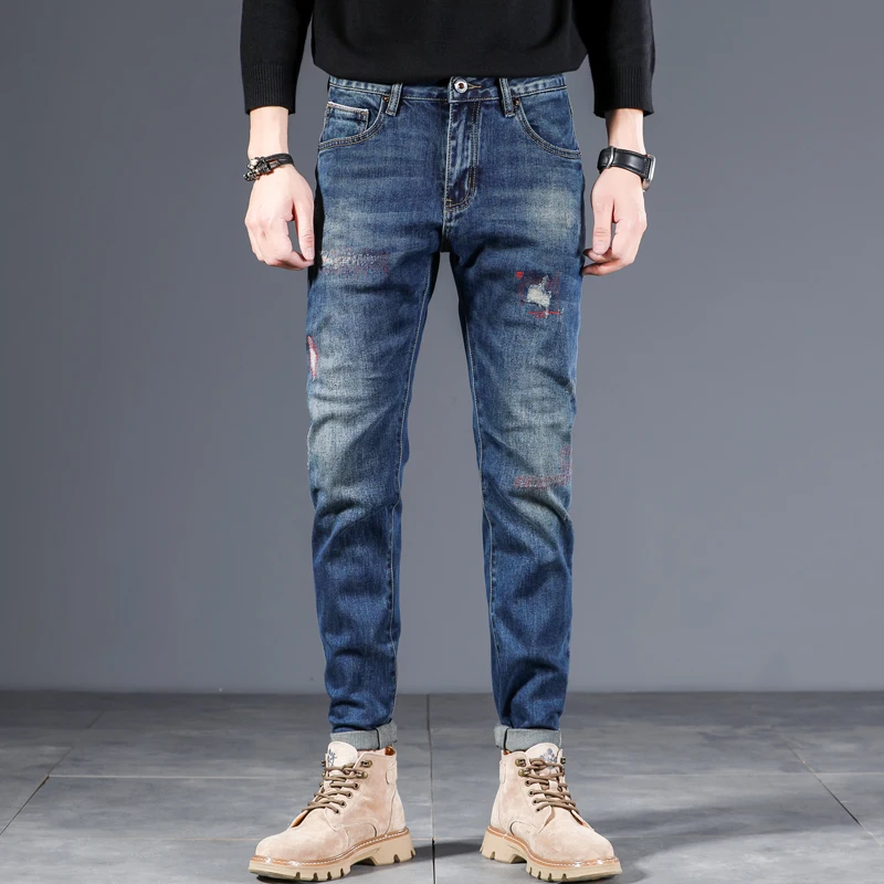 Джинсы мужские с вышивкой повседневные штаны модная уличная одежда рваные